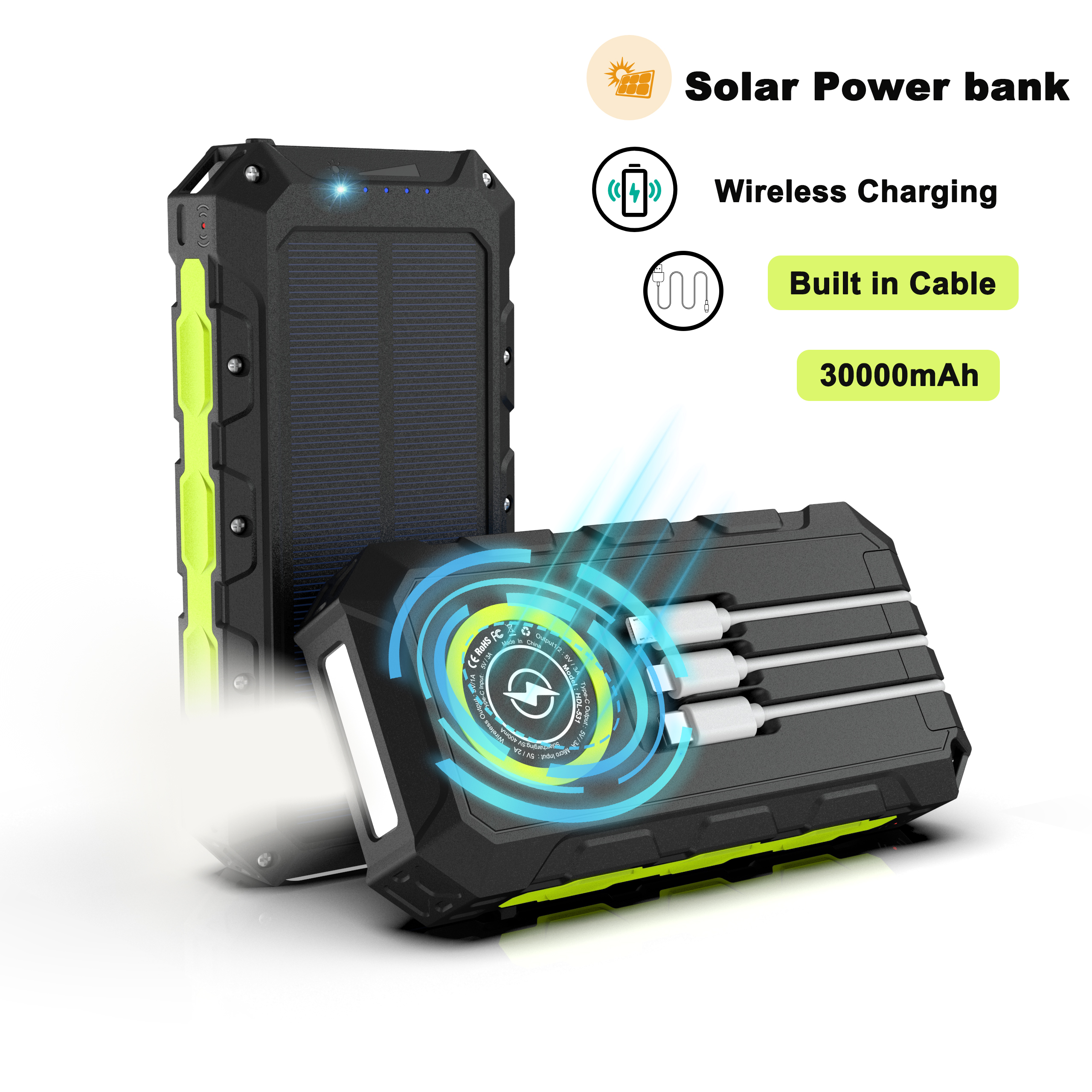 Solar Charger Panel Foldable - 30000mAh Power Bank Waterproof Solar Powerbank