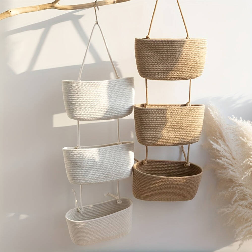 Sustainable Living Eco Friendly - 3-tier Rope Woven Fabric Basket, Boho